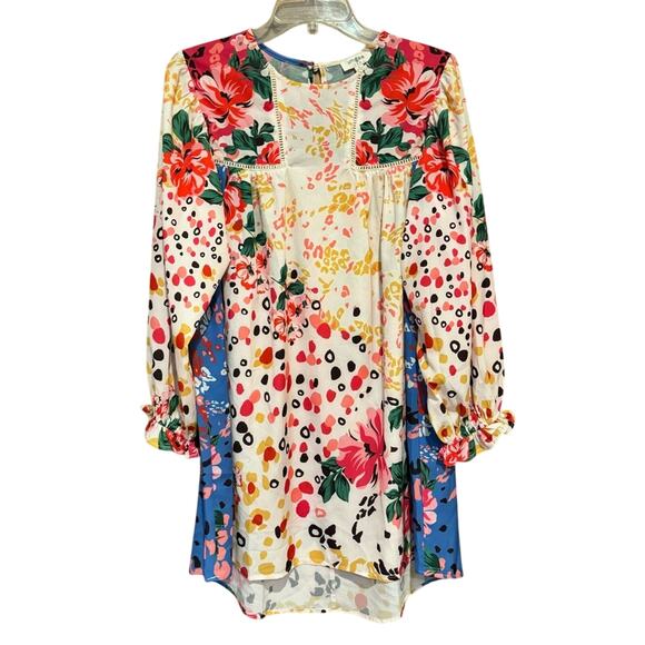 UMGEE Mixed Print Crochet Trim Dress Cream/Blue Floral Animal Print S Coquette - Picture 4 of 13